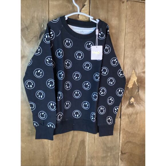 Blush Lotus Black With White Smiley Face French Terry Sweatshirt Size 7Y - Picture 2 of 4